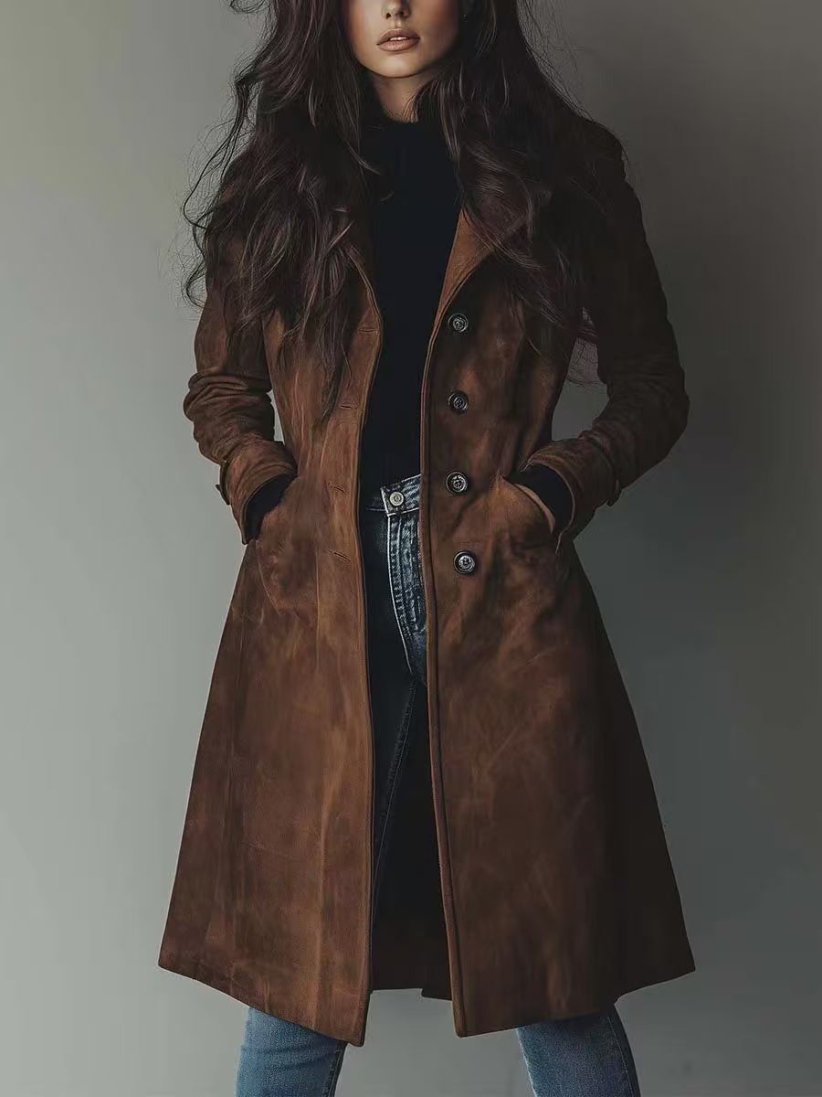 Disa | Długi płaszcz w stylu vintage z efektem zamszu
